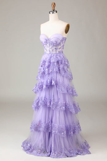 Lavender Strapless Tiered Tulle Corset Formal Dress with Appliques