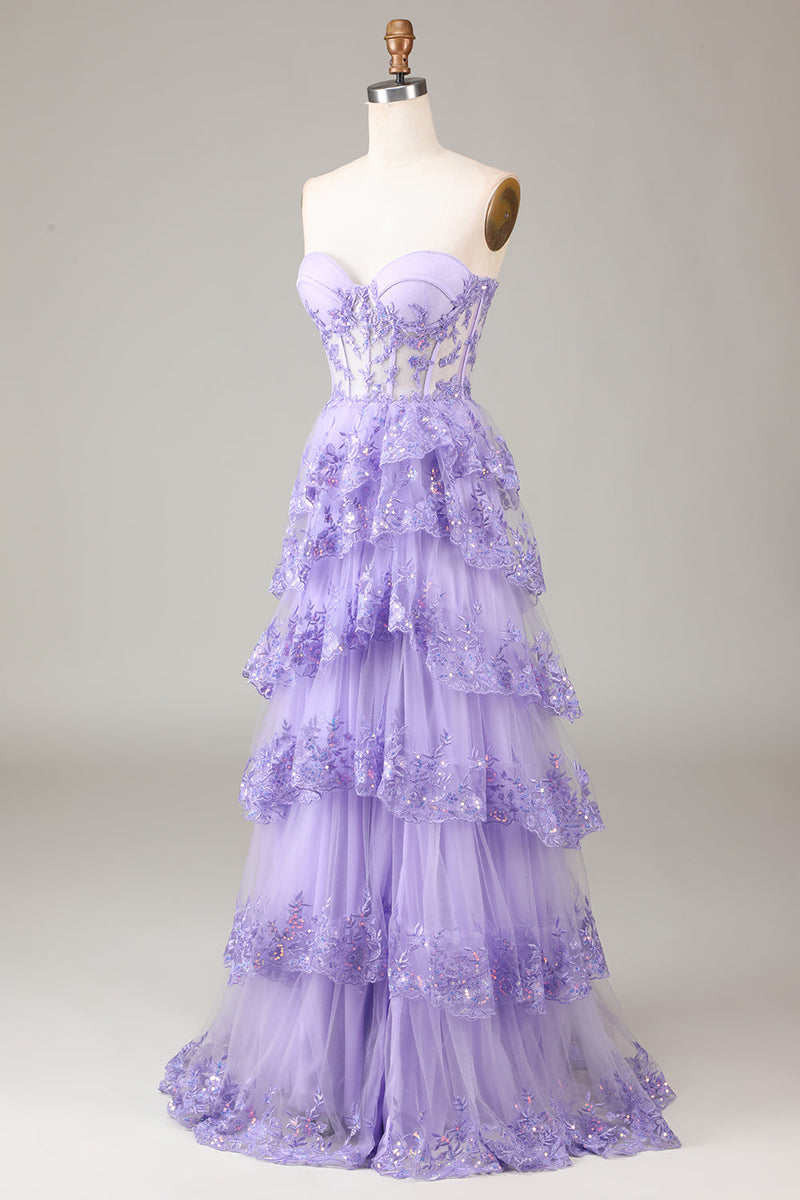 Load image into Gallery viewer, Lavender Strapless Tiered Tulle Corset Formal Dress with Appliques