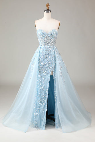 Corset Blue Strapless A Line Formal Dress with Slit