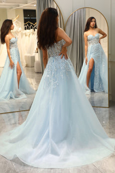 Sparkly Light Blue A Line Long Corset Formal Dress With Slit