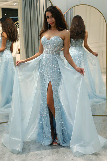 Sparkly Light Blue A Line Long Corset Formal Dress With Slit