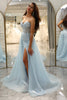 Load image into Gallery viewer, Sparkly Light Blue A Line Long Corset Formal Dress With Slit