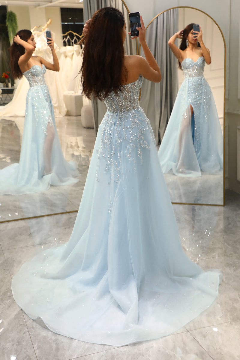 Load image into Gallery viewer, Glitter Light Blue Long Corset Formal Dress With Slit