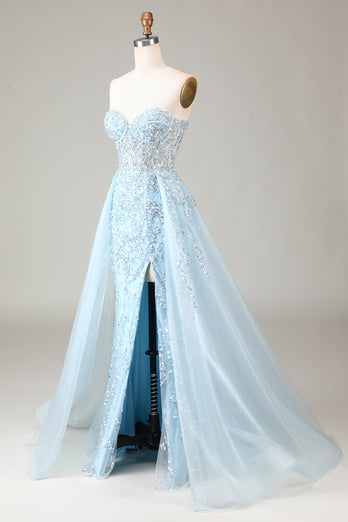 Corset Blue Strapless A Line Formal Dress with Slit