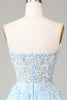 Load image into Gallery viewer, Corset Blue Strapless A Line Formal Dress with Slit