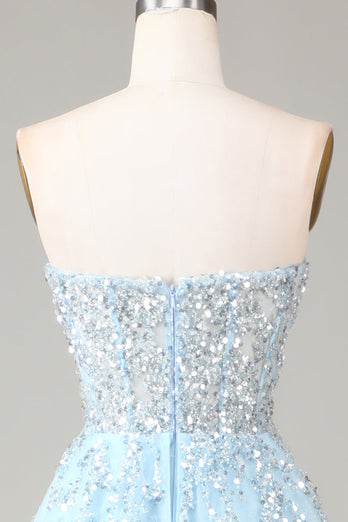 Corset Blue Strapless A Line Formal Dress with Slit