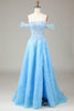 Load image into Gallery viewer, Off the Shoulder Blue A Line Princess Corset Formal Dress with Slit