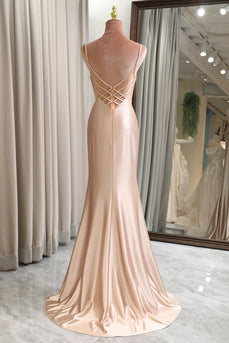 Champagne Mermaid Backless Long Formal Dress