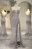 Load image into Gallery viewer, Sparkly Grey Mermaid Long Corset Formal Dress With Feathered Slit