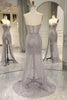 Load image into Gallery viewer, Sparkly Grey Mermaid Long Corset Formal Dress With Feathered Slit