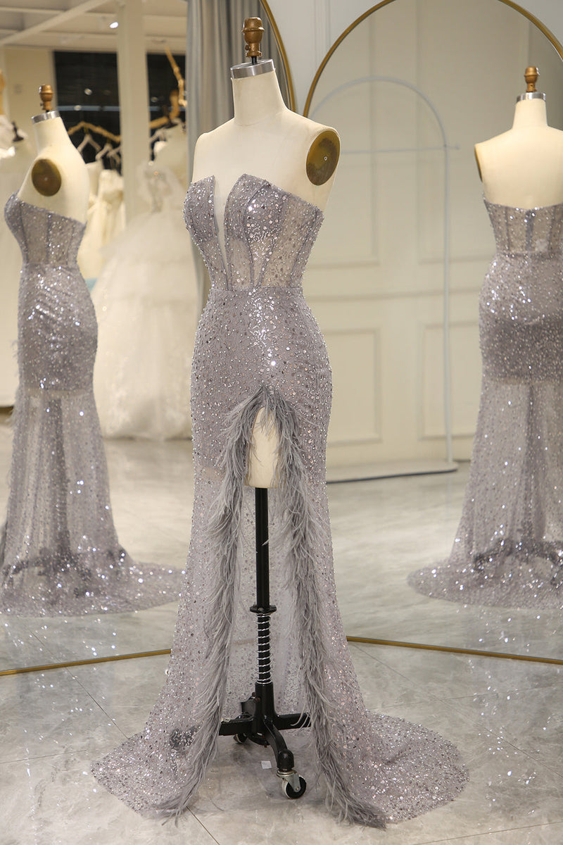 Load image into Gallery viewer, Sparkly Grey Mermaid Long Corset Formal Dress With Feathered Slit