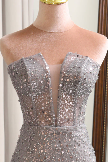 Glitter Grey Mermaid Long Corset Prom Dress With Slit