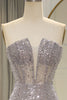 Load image into Gallery viewer, Sparkly Grey Mermaid Long Corset Formal Dress With Feathered Slit