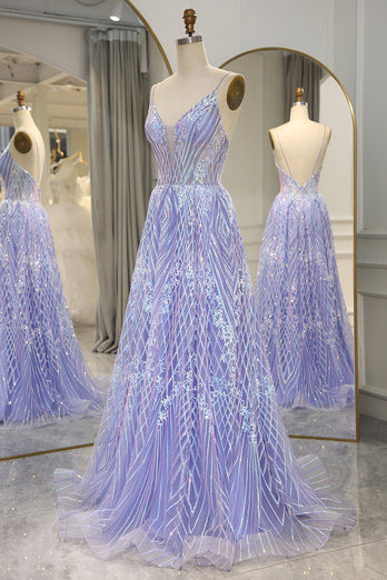 A Line Lilac Backless Long Formal Dress With Appliques