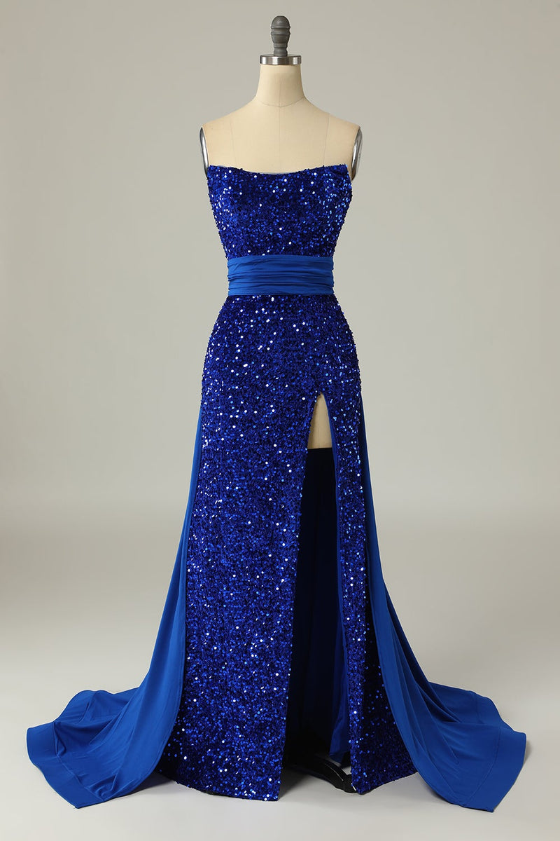 Load image into Gallery viewer, A Line Strapless Royal Blue Sequins Long Formal Dress with Split Front