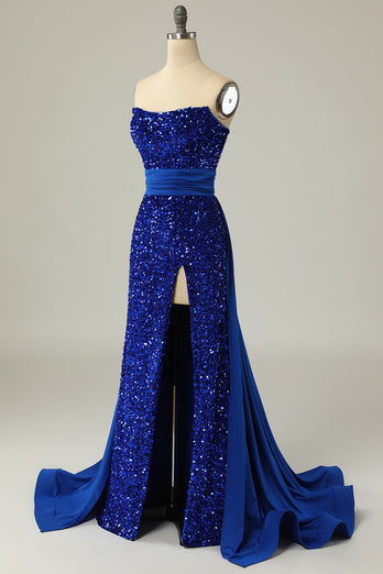 A Line Strapless Royal Blue Sequins Long Formal Dress with Split Front