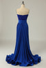 Load image into Gallery viewer, A Line Strapless Royal Blue Sequins Long Formal Dress with Split Front