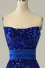 Load image into Gallery viewer, A Line Strapless Royal Blue Sequins Long Formal Dress with Split Front