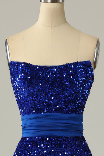 A Line Strapless Royal Blue Sequins Long Formal Dress with Split Front