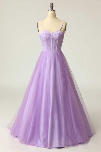 A Line Spaghetti Straps Light Purple Long Formal Dress