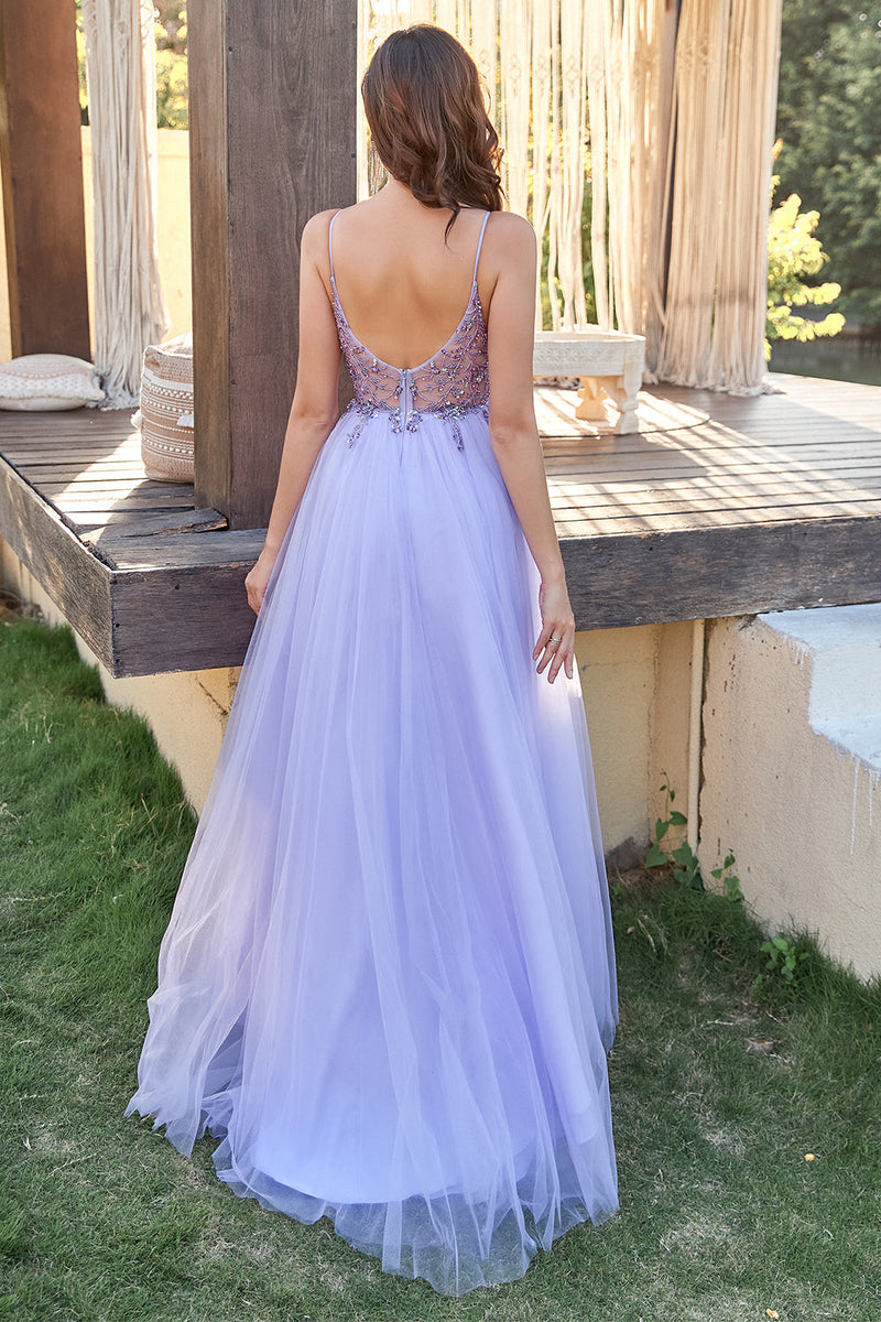 Load image into Gallery viewer, Lavender Tulle A-line Formal Dress with Beading