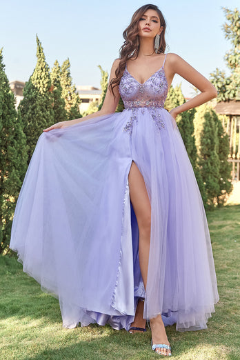 Lavender Tulle A-line Formal Dress with Beading