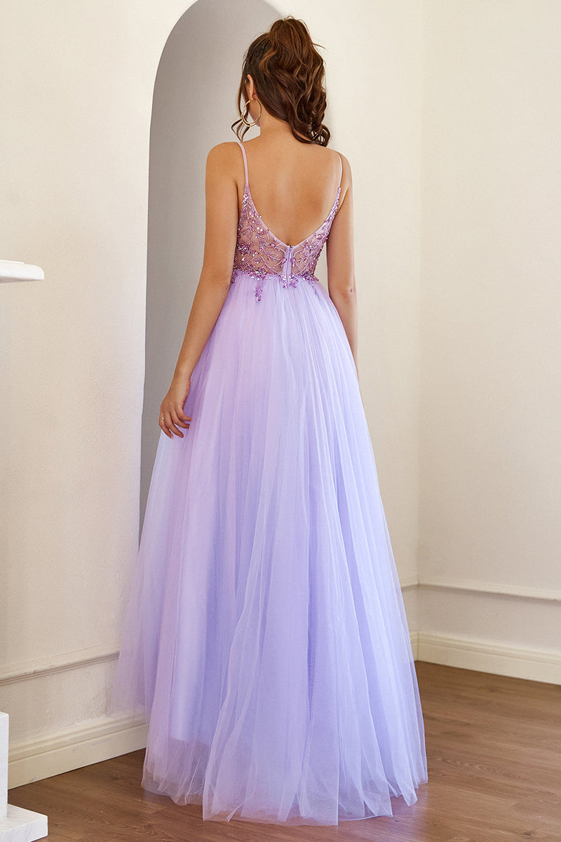 Load image into Gallery viewer, Purple Beading Tulle Formal Dress