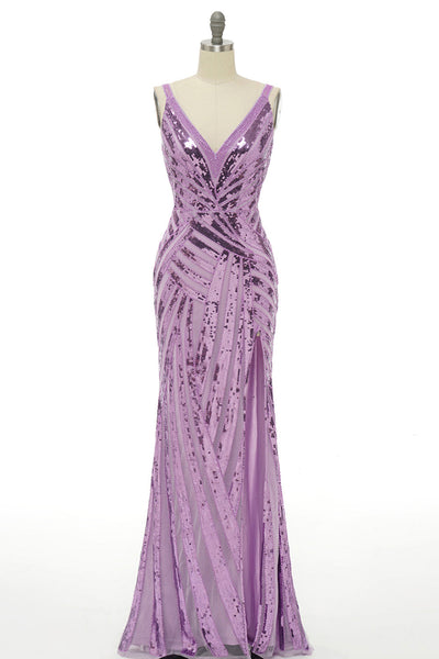 Sparkly Purple Sequins Backless Long Formal Dress