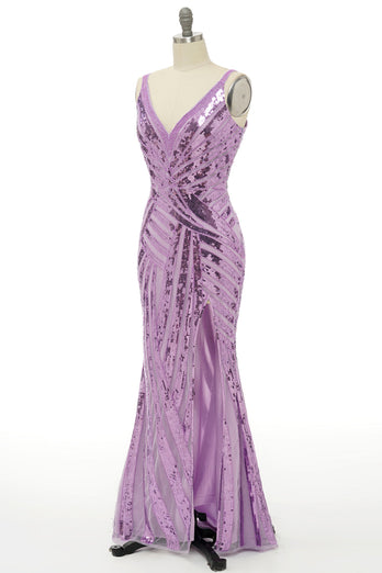 Sparkly Purple Sequins Backless Long Formal Dress