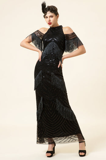 Sparkly Black Beaded Long Formal Dress with Fringes