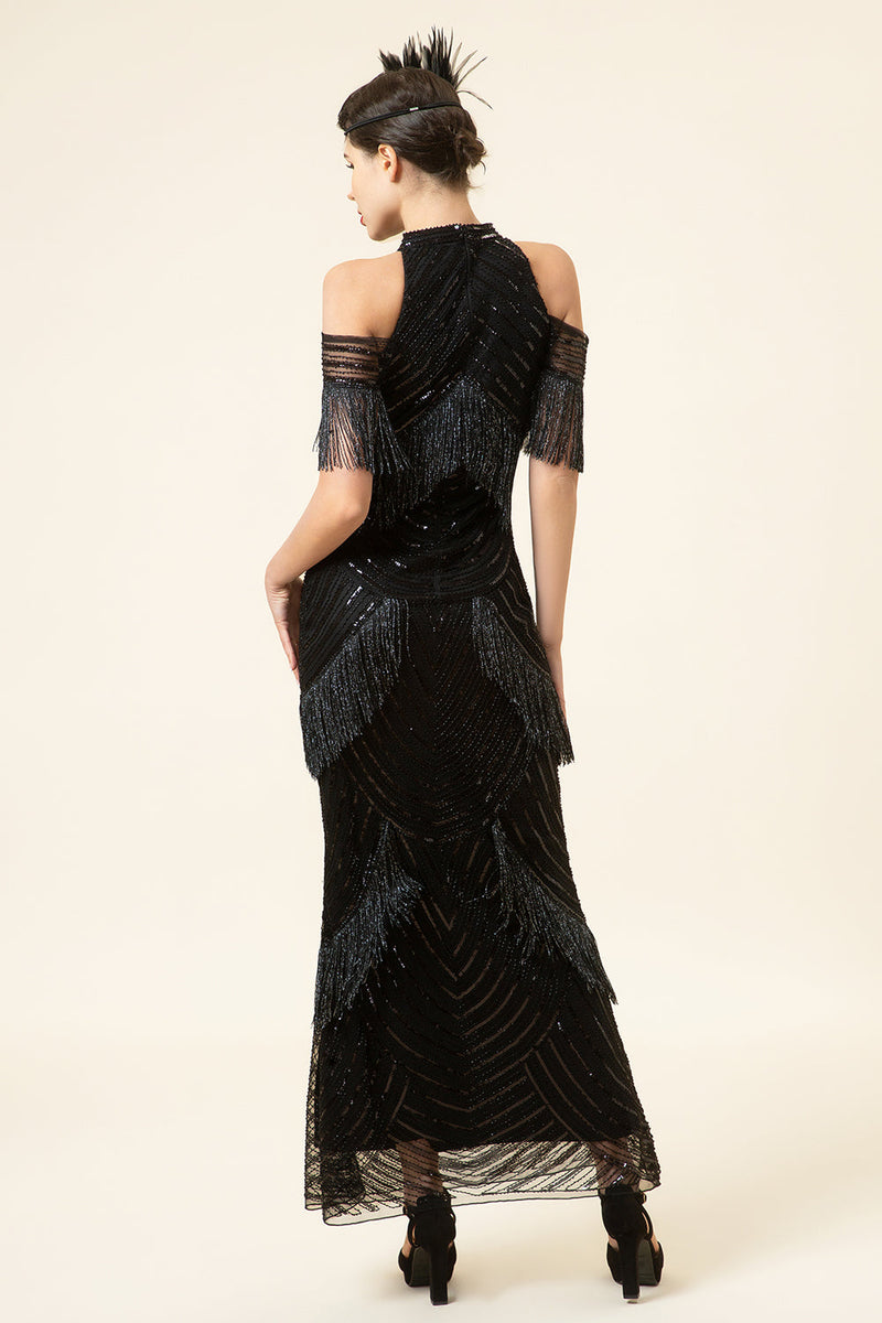 Load image into Gallery viewer, Sparkly Black Beaded Long Formal Dress with Fringes