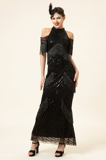 Sparkly Black Beaded Long Formal Dress with Fringes