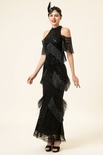 Sparkly Black Beaded Long Formal Dress with Fringes