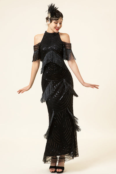 Sparkly Black Beaded Long Formal Dress with Fringes