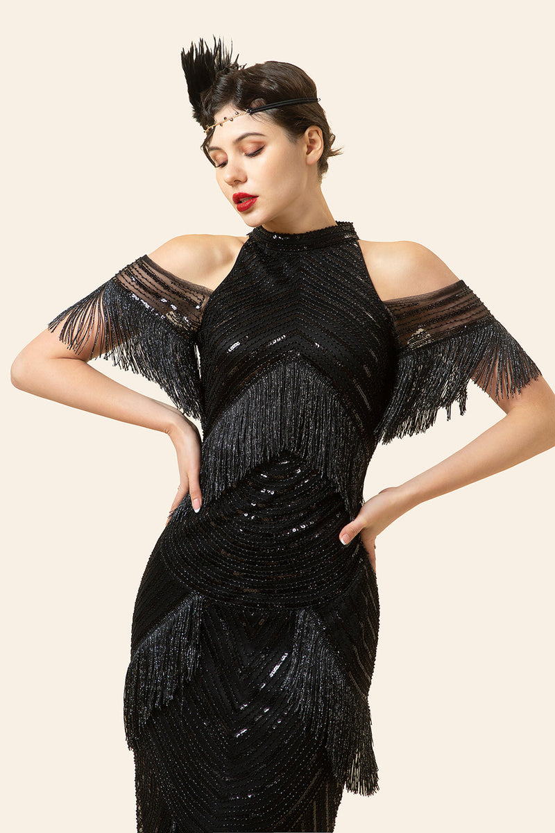 Load image into Gallery viewer, Sparkly Black Beaded Long Formal Dress with Fringes