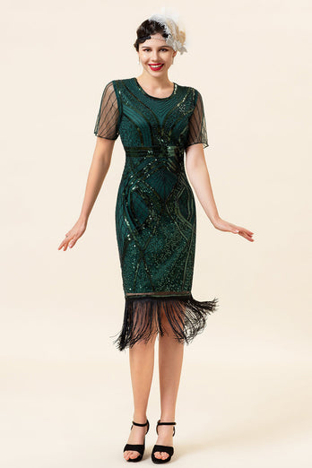 Sheath Round Neck Dark Green Beaded 1920s Dress with Tassel