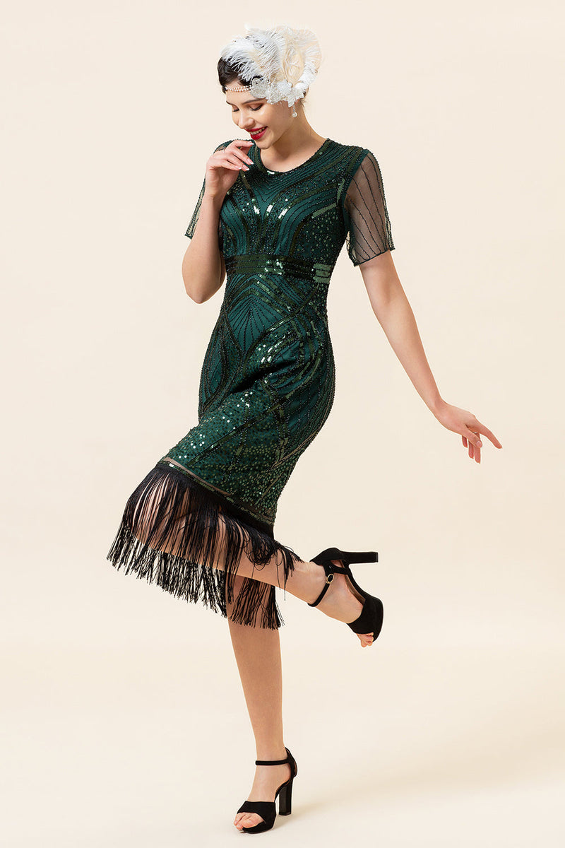 Load image into Gallery viewer, Sheath Round Neck Dark Green Beaded 1920s Dress with Tassel