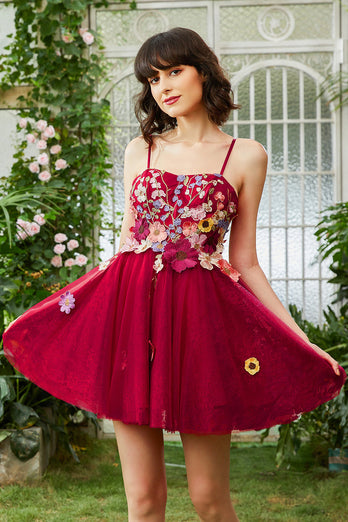 Burgundy A Line Spaghetti Straps Short Formal Dress With 3D Flowers