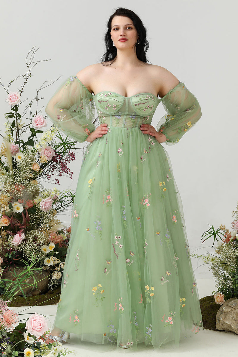 Load image into Gallery viewer, A Line Off the Shoulder Green Plus Size Formal Dress with Embroidery