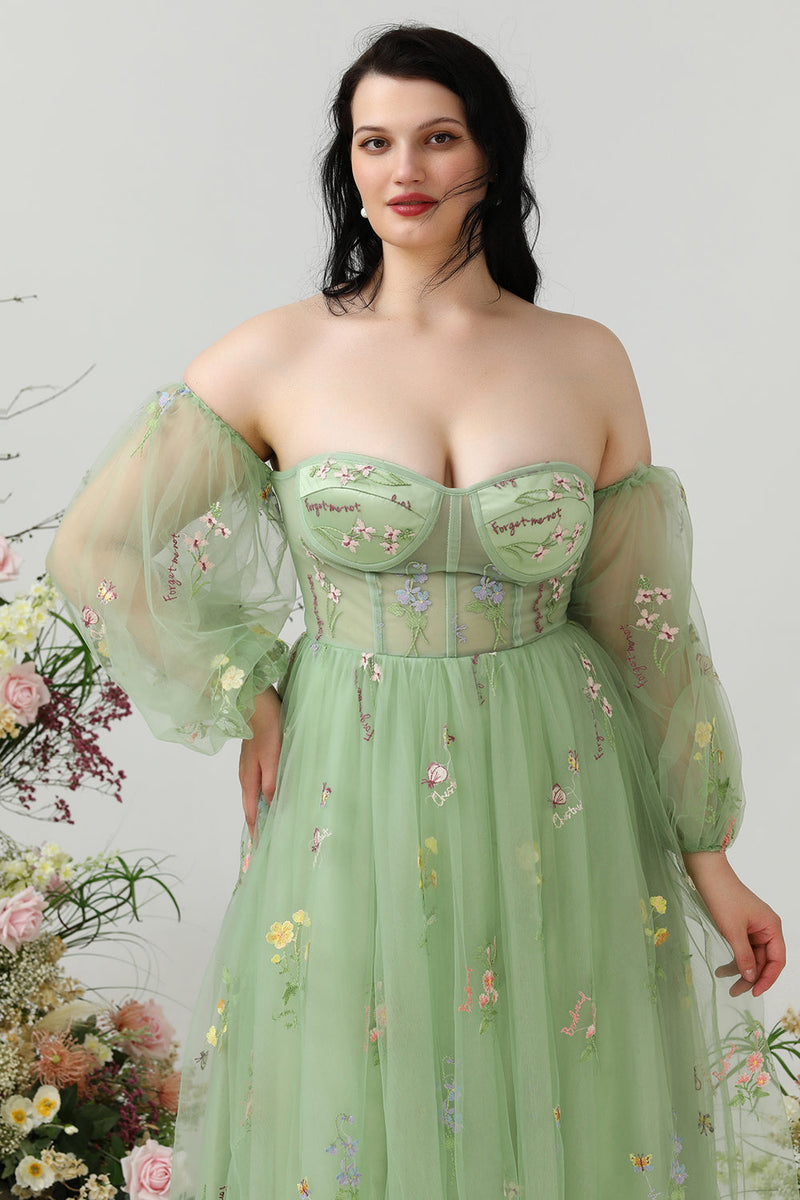 Load image into Gallery viewer, A Line Off the Shoulder Green Plus Size Formal Dress with Embroidery