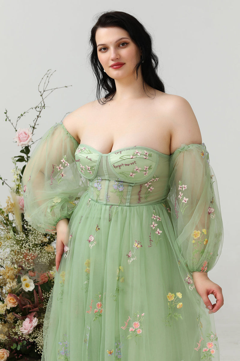 Load image into Gallery viewer, A Line Off the Shoulder Green Plus Size Formal Dress with Embroidery