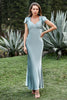 Load image into Gallery viewer, Grey Blue Satin Simple Bridesmaid Dress with Ruffles