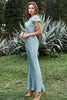 Load image into Gallery viewer, Grey Blue Satin Simple Bridesmaid Dress with Ruffles