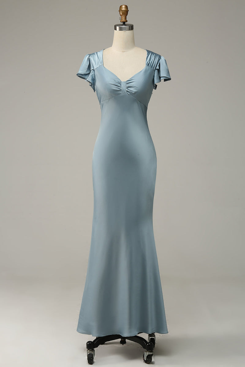 Load image into Gallery viewer, Grey Blue Satin Simple Bridesmaid Dress with Ruffles