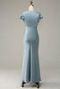 Load image into Gallery viewer, Grey Blue Satin Simple Bridesmaid Dress with Ruffles