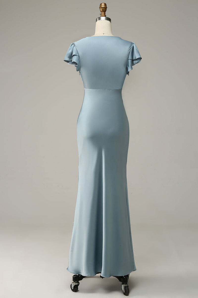 Load image into Gallery viewer, Grey Blue Satin Simple Bridesmaid Dress with Ruffles