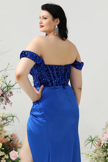 Sheath Off the Shoulder Royal Blue Plus Size Formal Dress with Split Front