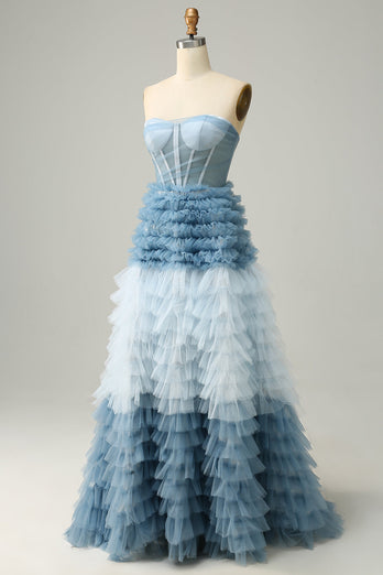 Strapless Lace-Up Back Light Blue Long Formal Dress