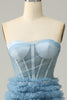 Load image into Gallery viewer, Strapless Lace-Up Back Light Blue Long Formal Dress