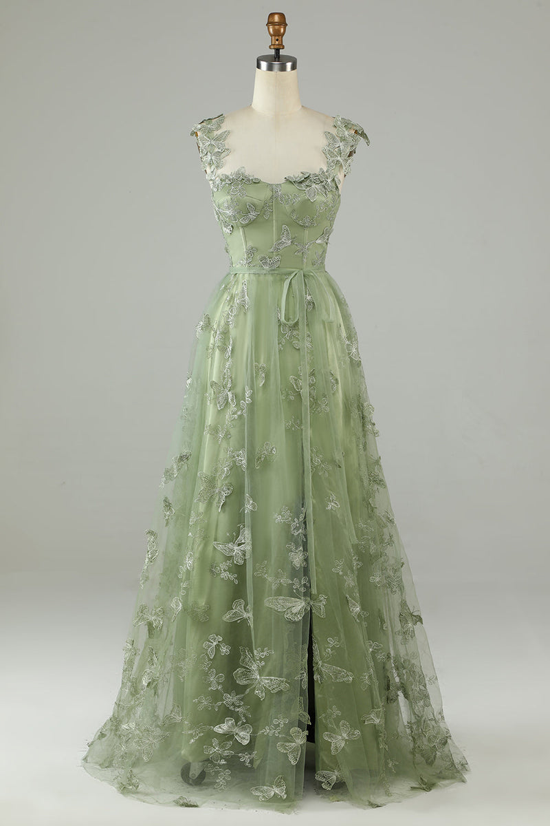 Load image into Gallery viewer, Green Corset Long Tulle Formal Dress with 3D Butterflies